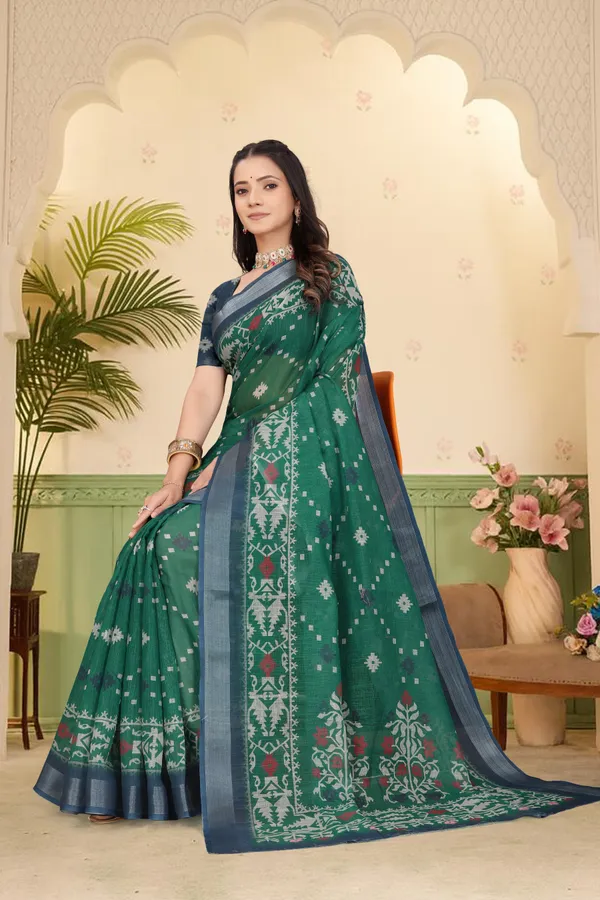 Dark_Green_Cotton_Linen_Digital_Print_Saree_For_Women