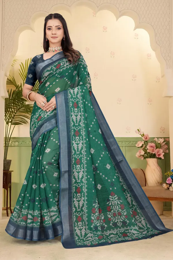 Dark_Green_Cotton_Linen_Digital_Print_Saree_For_Women