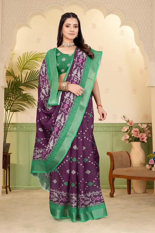 Purple_Cotton_Linen_Digital_Print_Saree_For_Women