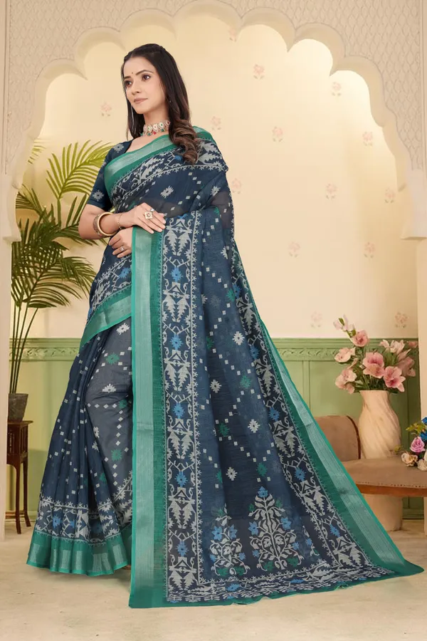 Dark_Blue_Cotton_Linen_Digital_Print_Saree_For_Women