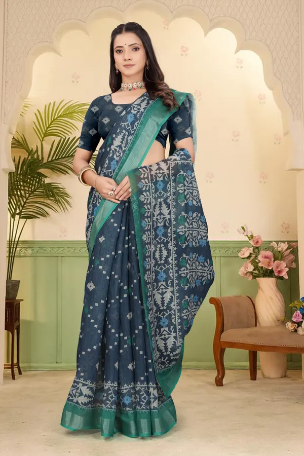 Dark_Blue_Cotton_Linen_Digital_Print_Saree_For_Women
