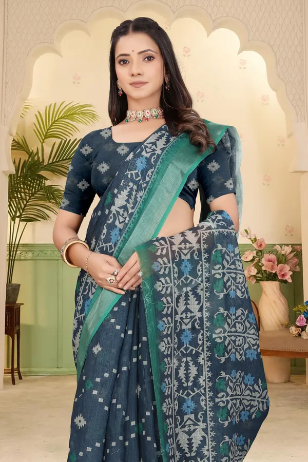 Dark_Blue_Cotton_Linen_Digital_Print_Saree_For_Women