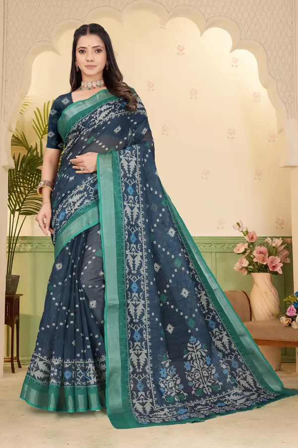 Dark_Blue_Cotton_Linen_Digital_Print_Saree_For_Women