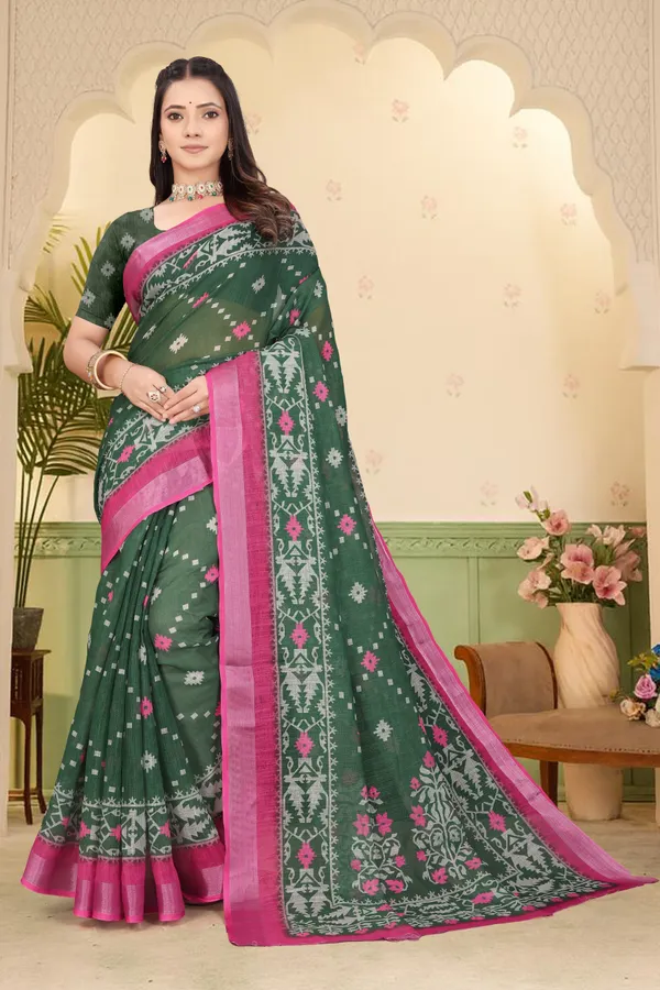 Green_Cotton_Linen_Digital_Print_Saree_For_Women