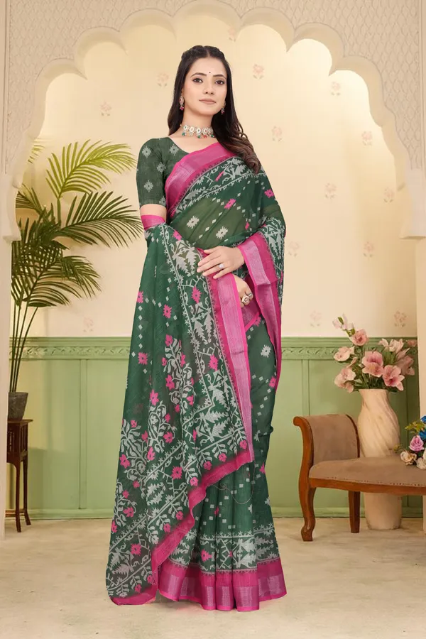 Green_Cotton_Linen_Digital_Print_Saree_For_Women