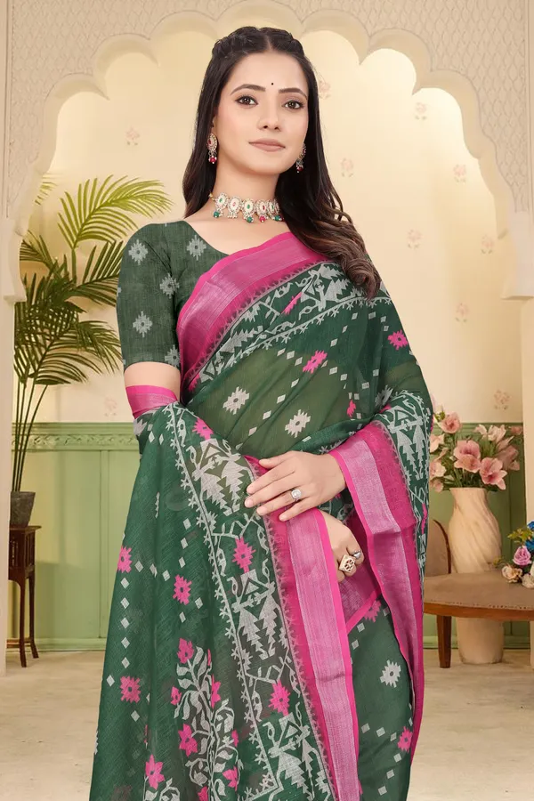 Green_Cotton_Linen_Digital_Print_Saree_For_Women