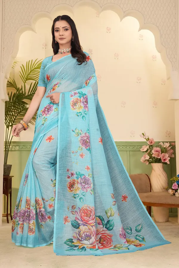 Light_Blue_Cotton_Linen_Digital_Print_Saree_For_Women