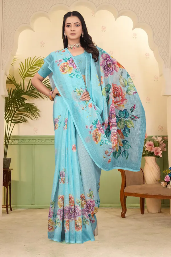 Light_Blue_Cotton_Linen_Digital_Print_Saree_For_Women