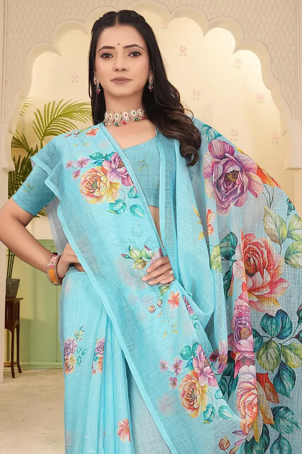 Light_Blue_Cotton_Linen_Digital_Print_Saree_For_Women