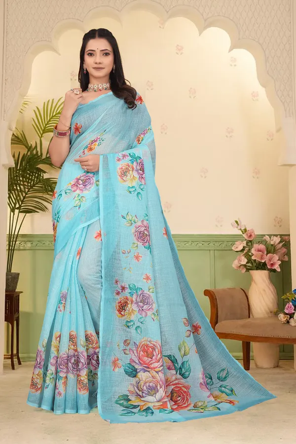 Light_Blue_Cotton_Linen_Digital_Print_Saree_For_Women