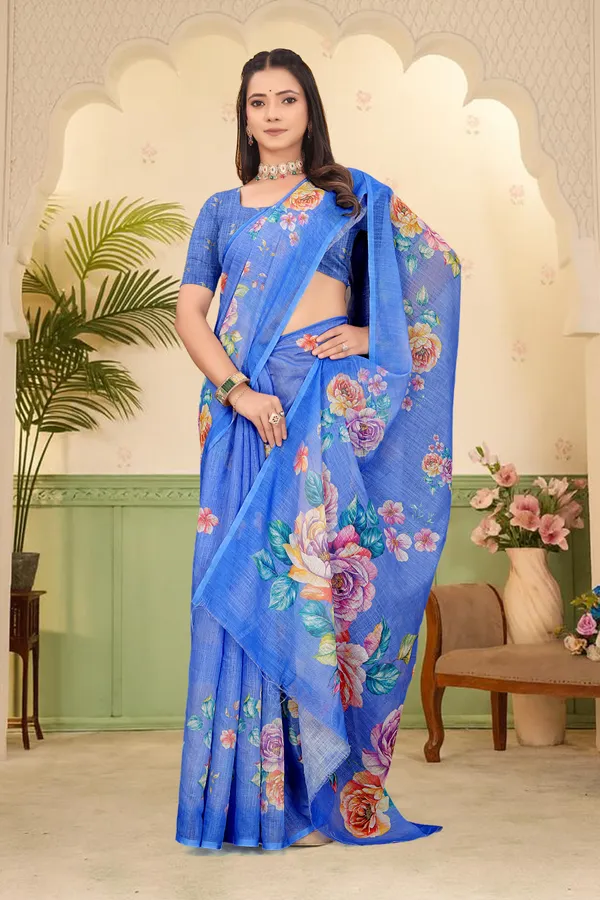 Blue_Cotton_Linen_Digital_Print_Saree_For_Women