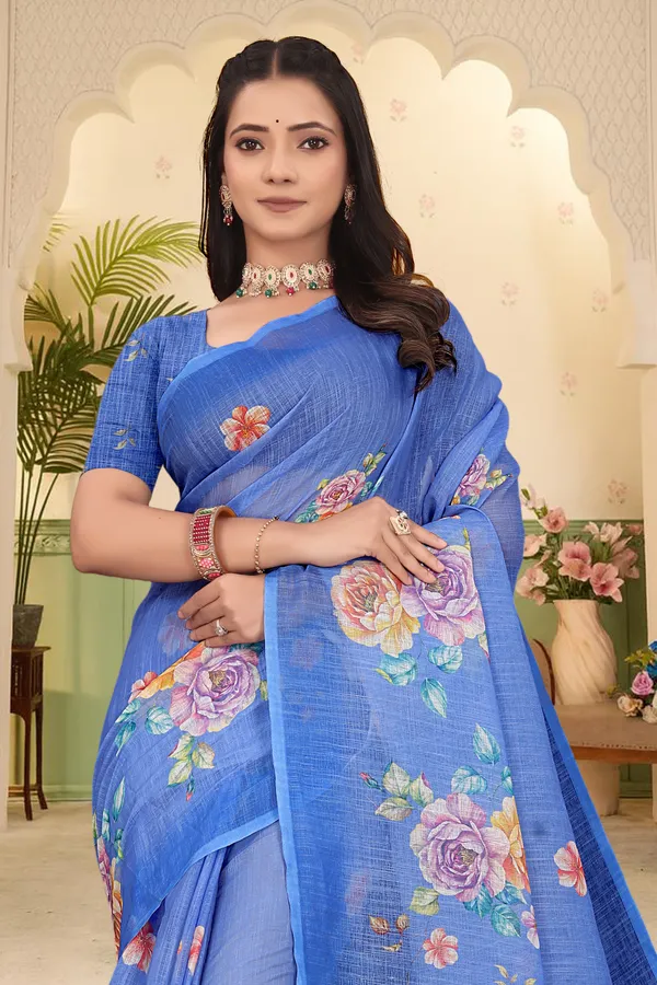 Blue_Cotton_Linen_Digital_Print_Saree_For_Women