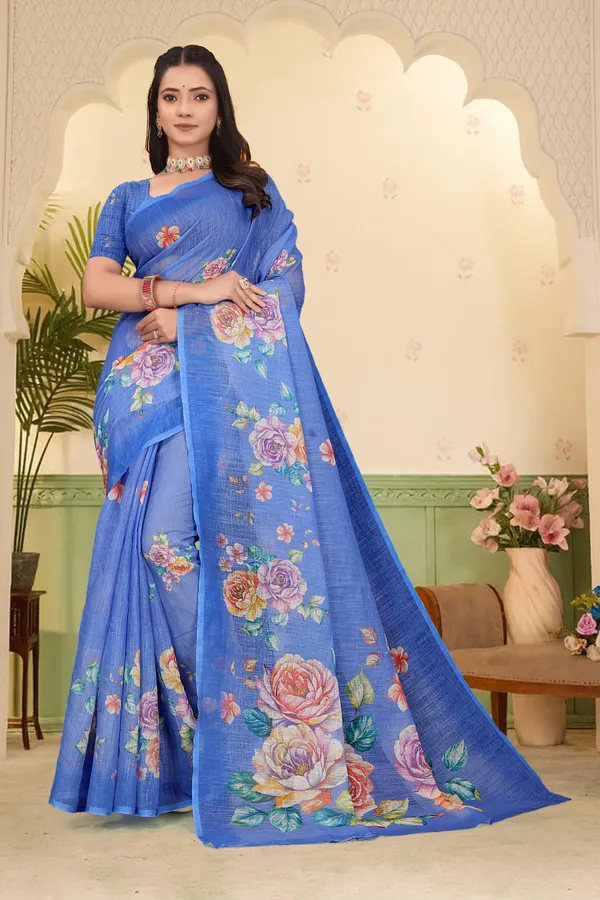 Blue_Cotton_Linen_Digital_Print_Saree_For_Women