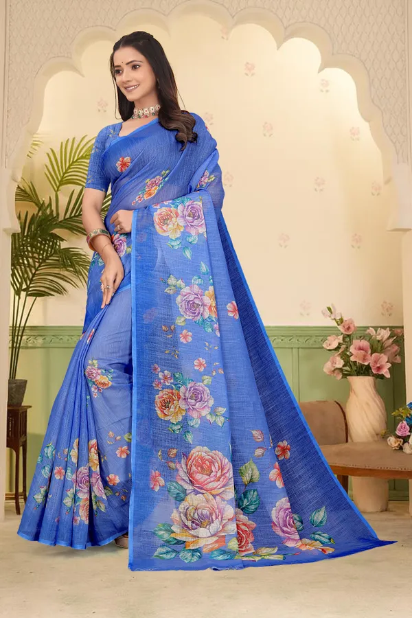 Blue_Cotton_Linen_Digital_Print_Saree_For_Women
