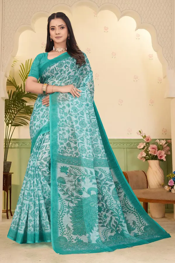 Dark_Green_Cotton_Linen_Digital_Print_Saree_For_Women