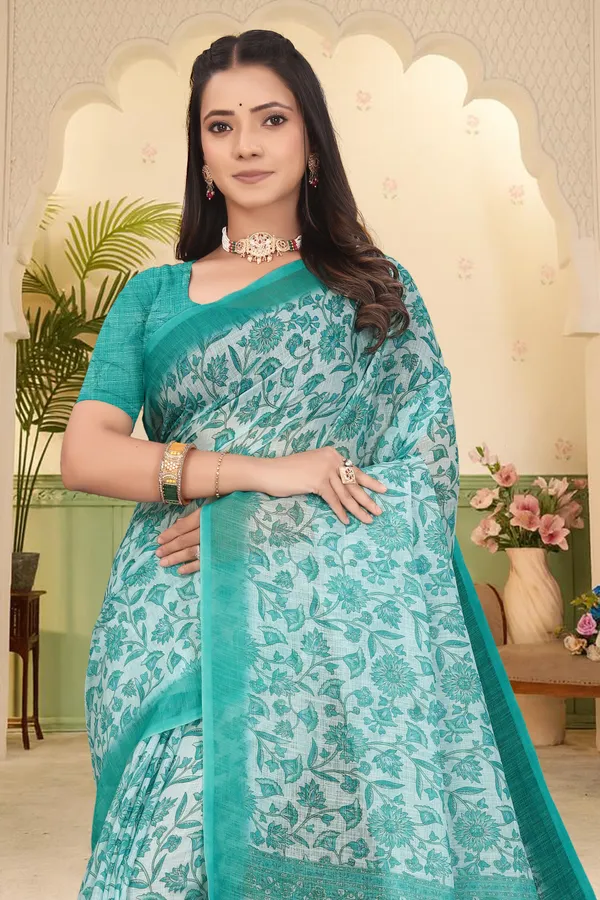 Dark_Green_Cotton_Linen_Digital_Print_Saree_For_Women