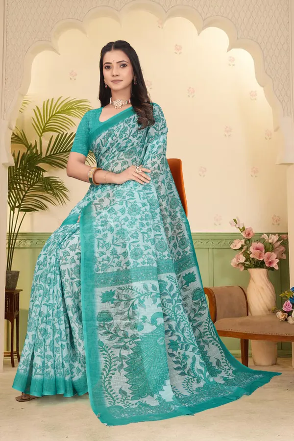 Dark_Green_Cotton_Linen_Digital_Print_Saree_For_Women