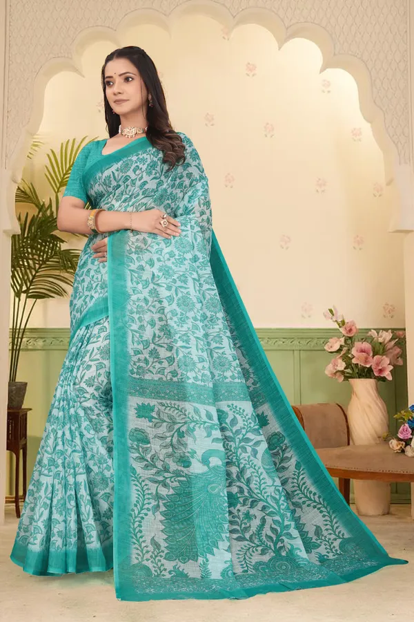 Dark_Green_Cotton_Linen_Digital_Print_Saree_For_Women