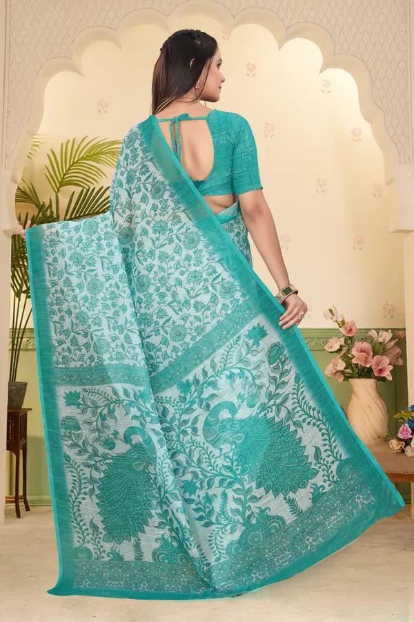 Dark_Green_Cotton_Linen_Digital_Print_Saree_For_Women