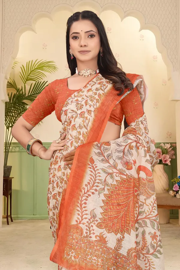 Orange_Cotton_Linen_Digital_Print_Saree_For_Women