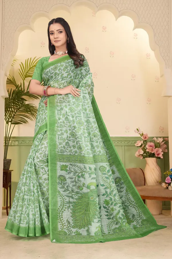 Green_Cotton_Linen_Digital_Print_Saree_For_Women