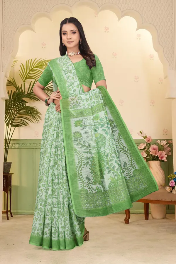 Green_Cotton_Linen_Digital_Print_Saree_For_Women