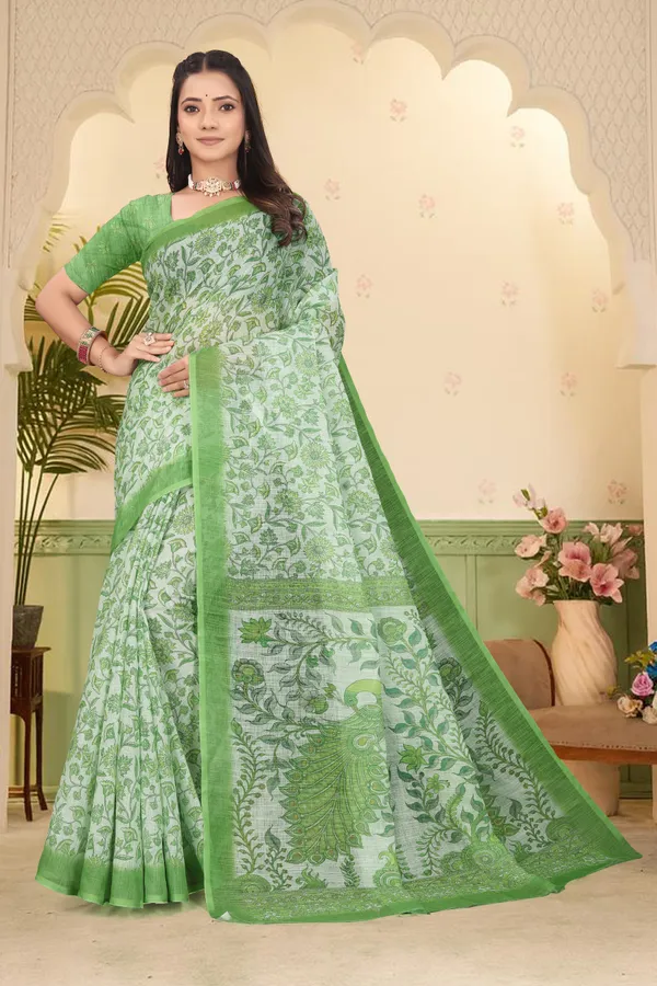 Green_Cotton_Linen_Digital_Print_Saree_For_Women