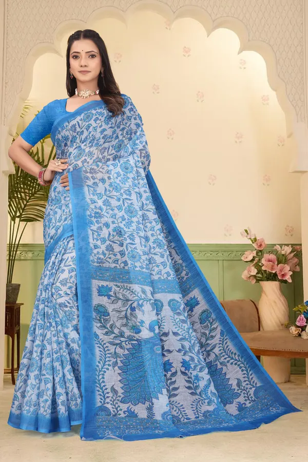 Blue_Cotton_Linen_Digital_Print_Saree_For_Women