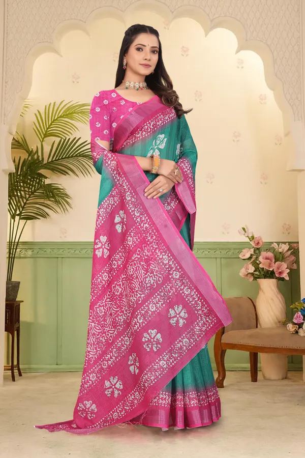 Dark_Green_Cotton_Linen_Digital_Print_Saree_For_Women