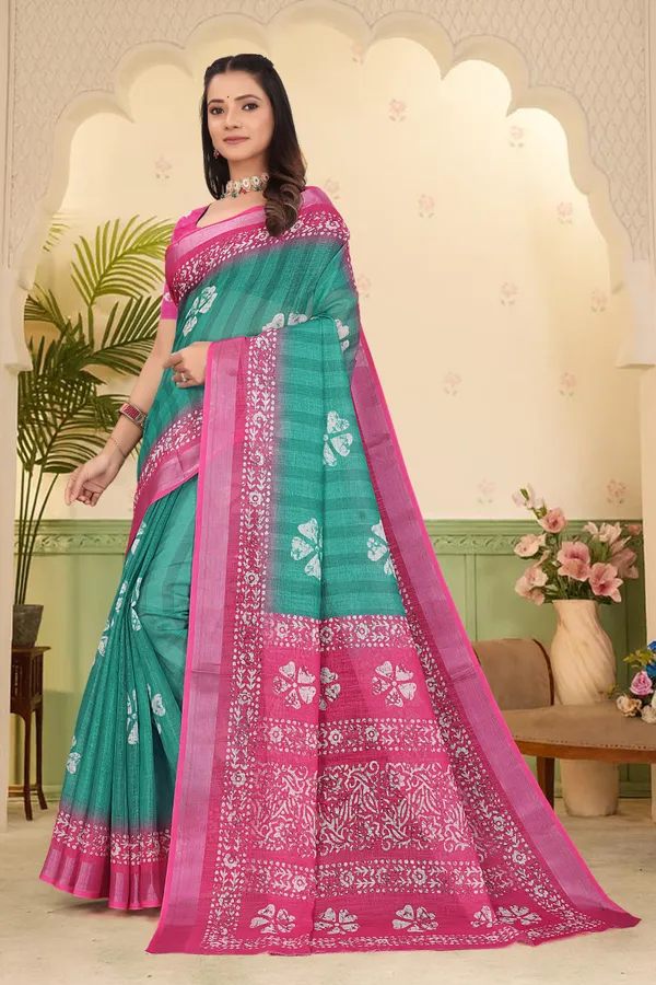 Dark_Green_Cotton_Linen_Digital_Print_Saree_For_Women