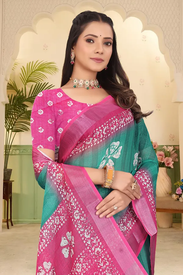 Dark_Green_Cotton_Linen_Digital_Print_Saree_For_Women