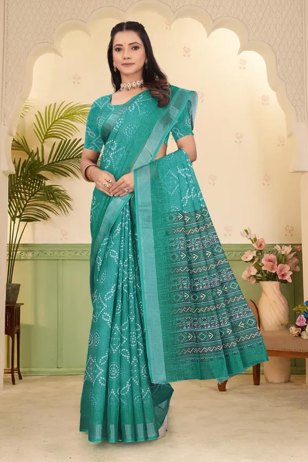 Dark_Green_Cotton_Linen_Digital_Print_Saree_For_Women