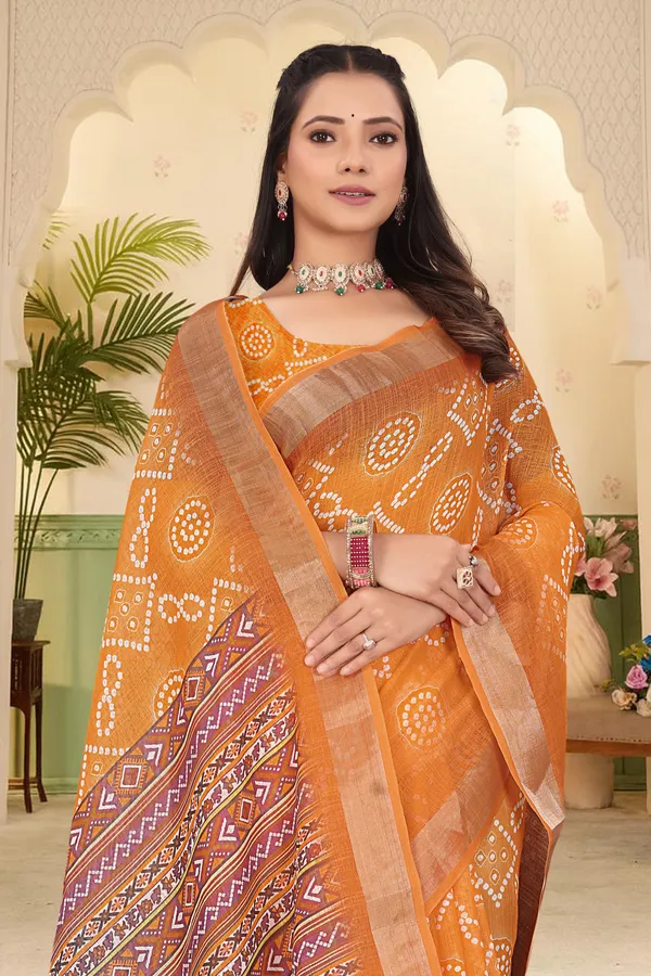 Orange_Cotton_Linen_Digital_Print_Saree_For_Women