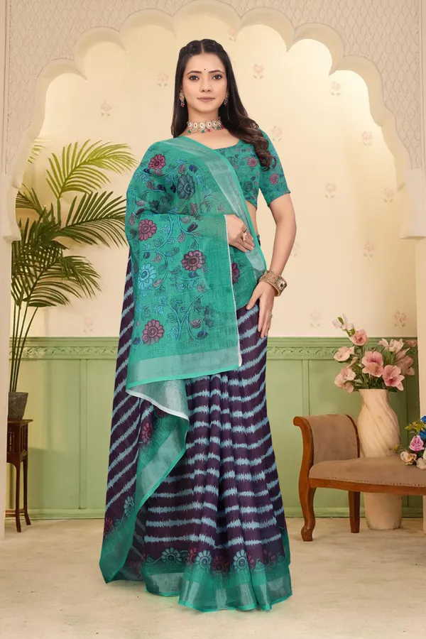 Dark_Green_Cotton_Linen_Digital_Print_Saree_For_Women