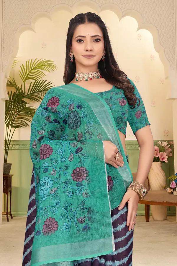Dark_Green_Cotton_Linen_Digital_Print_Saree_For_Women