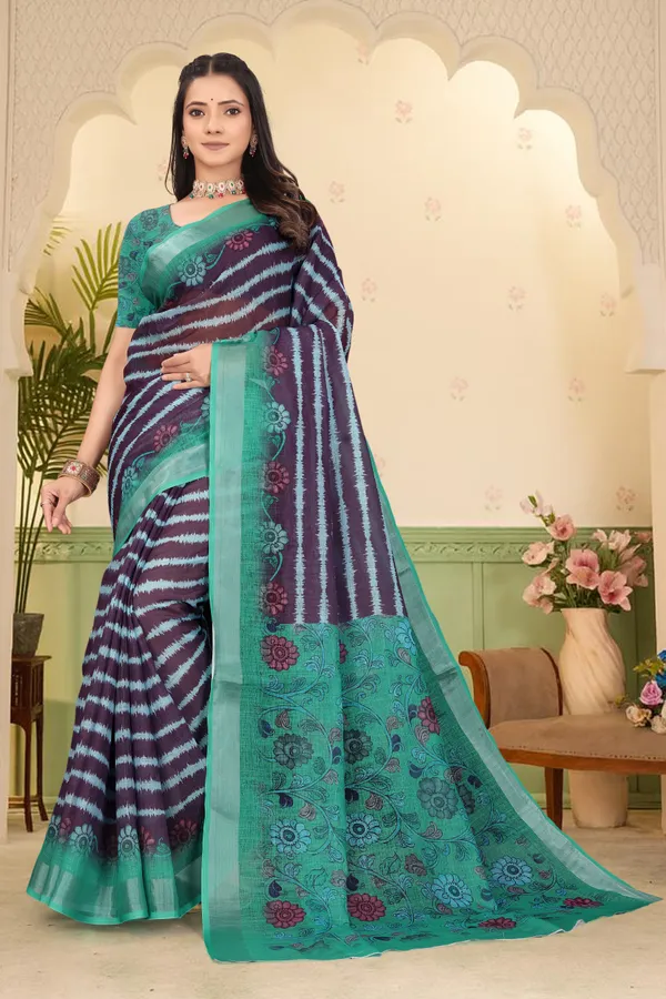 Dark_Green_Cotton_Linen_Digital_Print_Saree_For_Women