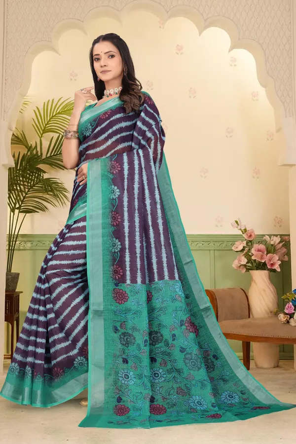 Dark_Green_Cotton_Linen_Digital_Print_Saree_For_Women