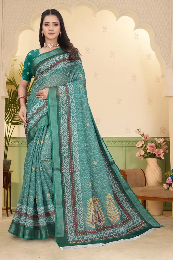 Dark_Green_Cotton_Linen_Digital_Print_Saree_For_Women