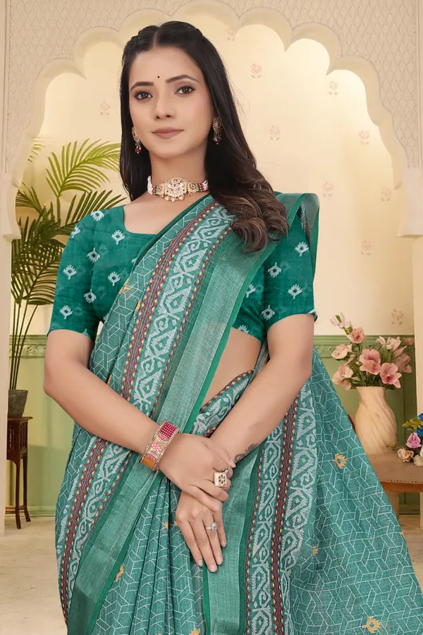 Dark_Green_Cotton_Linen_Digital_Print_Saree_For_Women