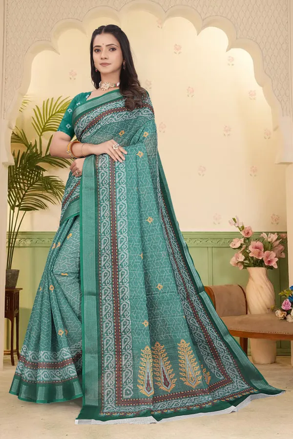 Dark_Green_Cotton_Linen_Digital_Print_Saree_For_Women