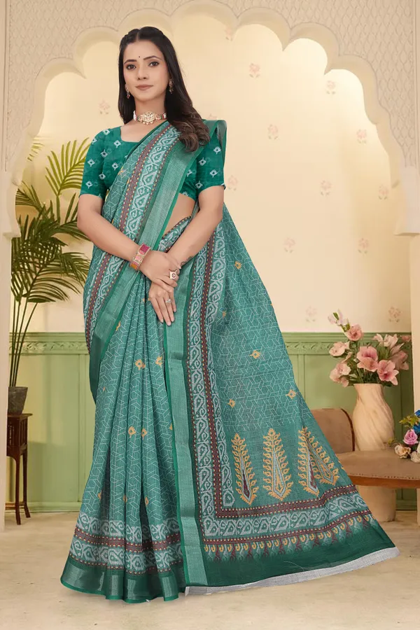 Dark_Green_Cotton_Linen_Digital_Print_Saree_For_Women