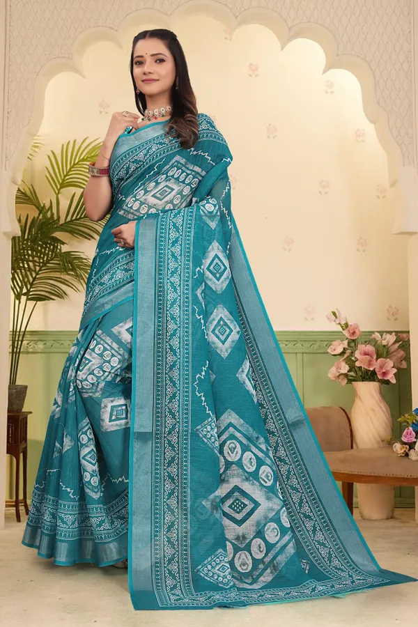 Dark_Green_Cotton_Linen_Digital_Print_Saree_For_Women