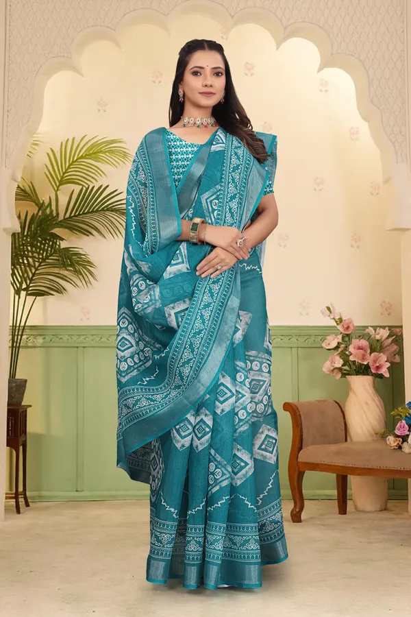 Dark_Green_Cotton_Linen_Digital_Print_Saree_For_Women