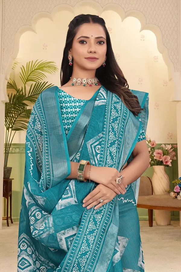 Dark_Green_Cotton_Linen_Digital_Print_Saree_For_Women