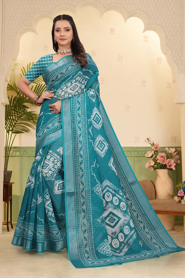 Dark_Green_Cotton_Linen_Digital_Print_Saree_For_Women