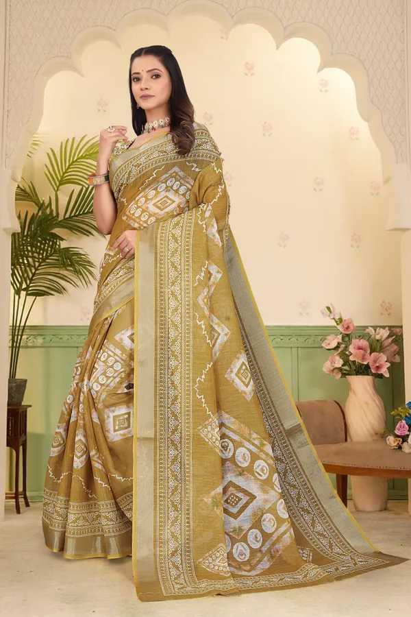 Gold_Cotton_Linen_Digital_Print_Saree_For_Women