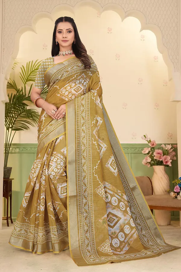 Gold_Cotton_Linen_Digital_Print_Saree_For_Women