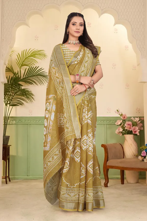 Gold_Cotton_Linen_Digital_Print_Saree_For_Women