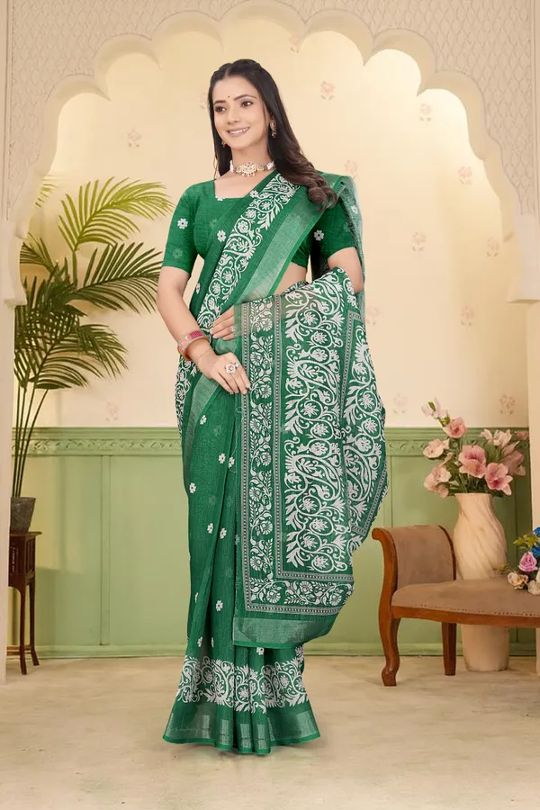 Dark_Green_Cotton_Linen_Digital_Print_Saree_For_Women