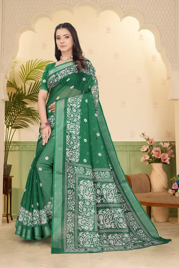 Dark_Green_Cotton_Linen_Digital_Print_Saree_For_Women